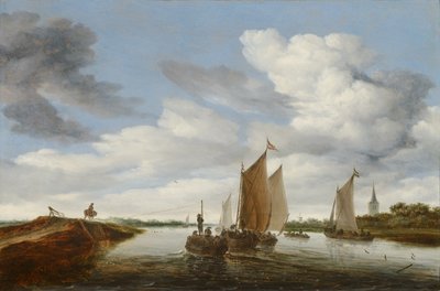 Flusslandschaft mit Segelbooten und einem Pferdewagen von Salomon van Ruysdael