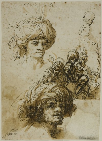 Skizzen von Männern mit Turban (recto); Fragment einer Figur und Skizzen von blattförmigem architektonischem Ornament (verso) von Salvator Rosa