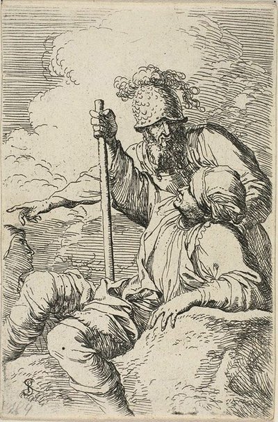 Drei Krieger, einer sitzt auf einem Felsen im Vordergrund und hält einen Stab; der zweite steht hinter ihm und zeigt, der dritte ist als Gesicht hinter ihnen zu sehen, aus der Figurinen-Serie von Salvator Rosa