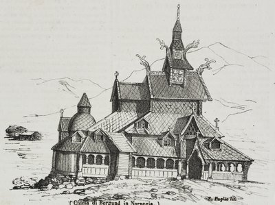 Stabkirche von Borgund, Norwegen, Lithographie von Salvatore Puglia aus Poliorama Pittoresco, Nr. 40, 14. Mai von Salvatore Puglia