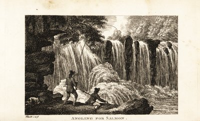 Fischer angelt nach Lachs am Ufer eines Flusses nahe einem Wasserfall von Samuel (after) Howitt