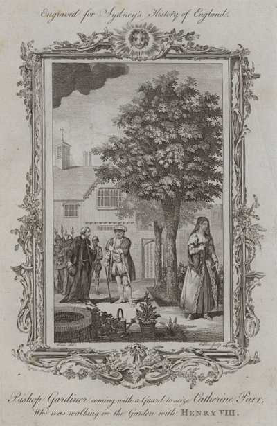 Bischof Gardiner kommt mit einer Wache, um Catherine Parr zu verhaften, die mit Heinrich VIII. im Garten spazieren geht von Samuel (after) Wale