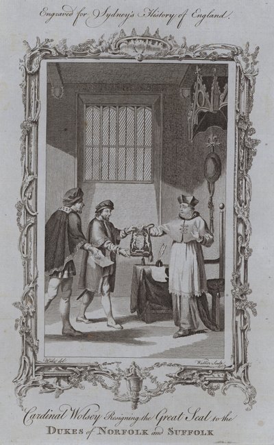 Kardinal Wolsey übergibt das Große Siegel an die Herzöge von Norfolk und Suffolk (Stich) von Samuel (after) Wale