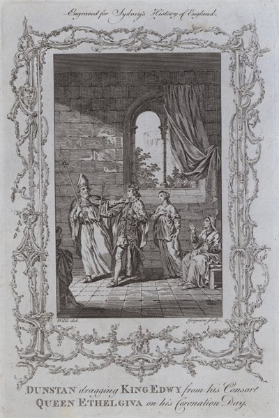 Dunstan zieht König Edwy von seiner Gemahlin, Königin Ethelgiva, an seinem Krönungstag weg (Stich) von Samuel (after) Wale