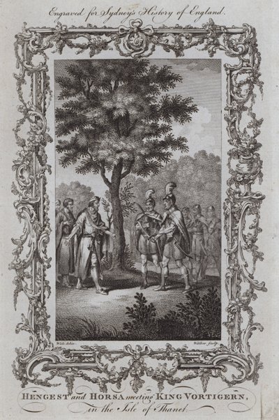 Hengest und Horsa treffen König Vortigern auf der Insel Thanet (Stich) von Samuel (after) Wale