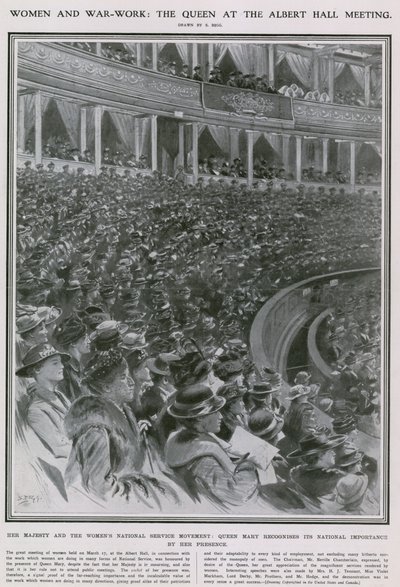 Frauen und Kriegsarbeit: die Königin bei der Versammlung in der Albert Hall von Samuel Begg