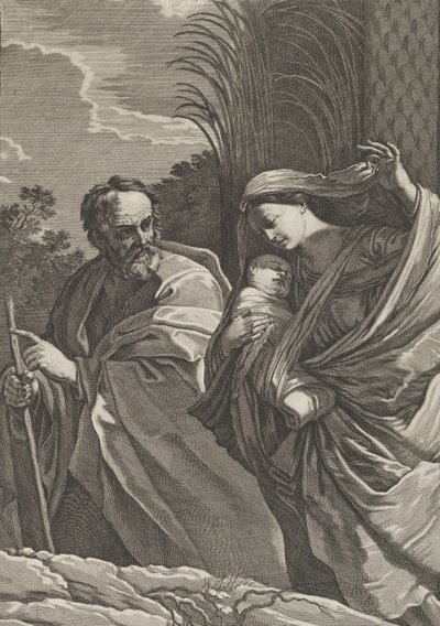 Die Flucht nach Ägypten, die Jungfrau trägt das Jesuskind, Joseph zeigt auf..., ca. 1635-57 von Samuel Bernard