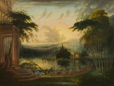 Eine romantische Landschaft mit der Ankunft der Königin von Saba von Samuel Colman