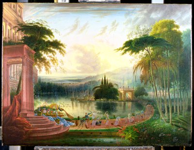 Eine romantische Landschaft mit der Ankunft der Königin von Saba, ca. 1830 von Samuel Colman