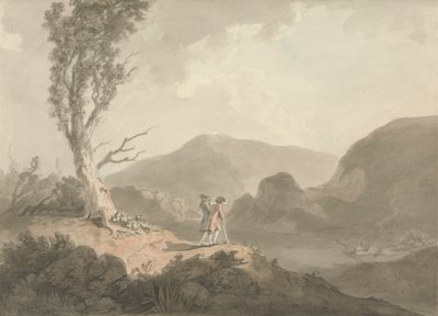 Zwei Männer mit Teleskop, die über einen Fluss schauen von Samuel Davis