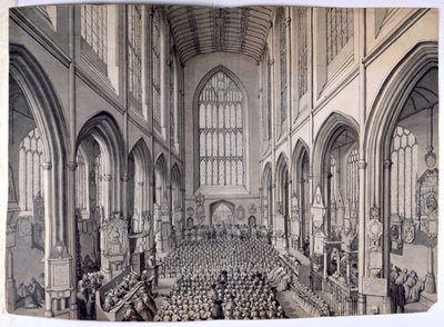 Ansicht vom Ostende des Inneren der Bath Abbey mit Gemeinde von Samuel Hieronymous Grimm