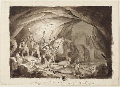 Tötung von Robben in einer Höhle bei Fackellicht von Samuel Howett