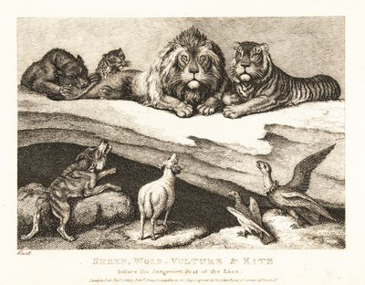 Ein Gerichtsverfahren zwischen Tieren, mit Löwe und Tiger als Richter. 1811 (Radierung) von Samuel Howitt