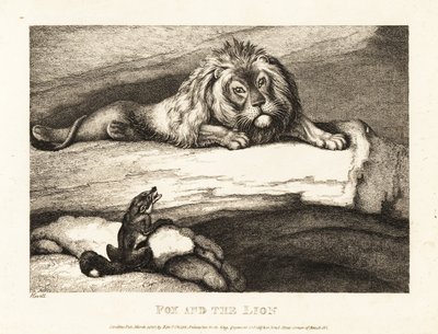Ein Fuchs nähert sich törichterweise einem männlichen Löwen in seiner Höhle. 1811 von Samuel Howitt
