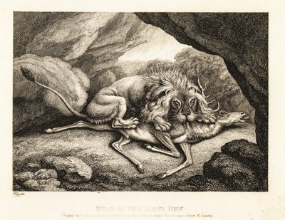 Ein Löwe frisst den Kadaver eines Hirsches in einer Höhle. 1811 von Samuel Howitt
