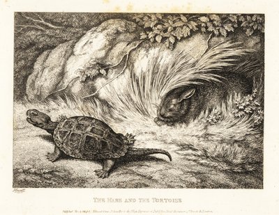 Eine Schildkröte überholt einen schlafenden Hasen im Rennen. 1811 (Radierung) von Samuel Howitt