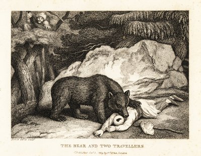 Ein Reisender im Turban stellt sich tot, während er von einem Bären angegriffen wird. 1811 (Radierung) von Samuel Howitt