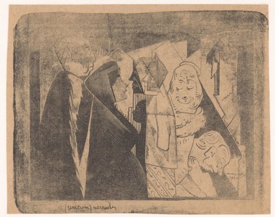 Fantasie: verschiedene Figuren, die zweite von links eine Frau mit gesprenkeltem Gesicht im Profil nach rechts von Samuel Jessurun de Mesquita (signed by artist)