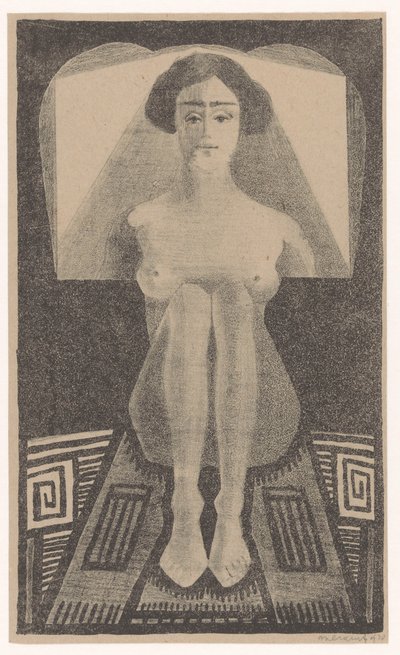 Frontalansicht, sitzender Akt in geometrischer Umgebung von Samuel Jessurun de Mesquita