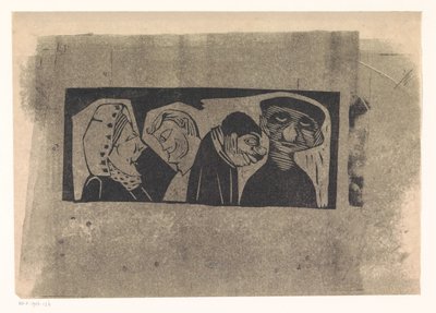 Vier stilisierte Menschenfiguren in einer Reihe von Samuel Jessurun de Mesquita