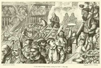 Während er ging, las er intensiv in seinem Buch von Samuel Luke Fildes
