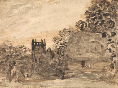 Reetgedecktes Cottage und Kirche von Samuel Palmer