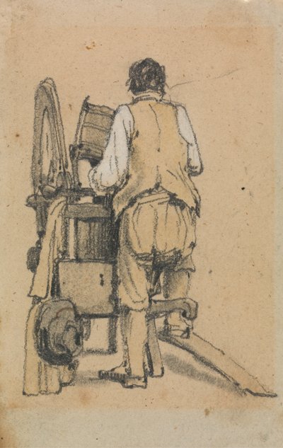 Ein Arbeiter von hinten gesehen, der eine Maschine bedient von Samuel Prout