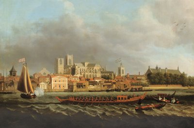 Ansicht von Westminster von Lambeth mit einer königlichen Barke im Vordergrund von Samuel Scott