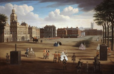 Ansicht der Westfront der Horse Guards mit dem Schatzamt und der Downing Street dahinter, ca. 1758 von Samuel Wale