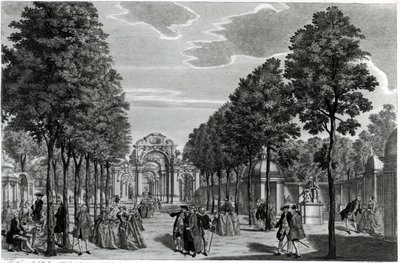 Die Triumphbögen, Händels Statue im Südgang der Vauxhall Gardens, graviert von John S. Muller von Samuel Wale