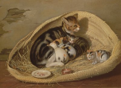 Katze mit ihren Kätzchen in einem Korb, 1797 von Samuel de Wilde