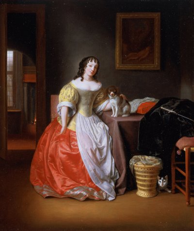 Dame in einem gelben und roten Kleid von Samuel van Hoogstraten