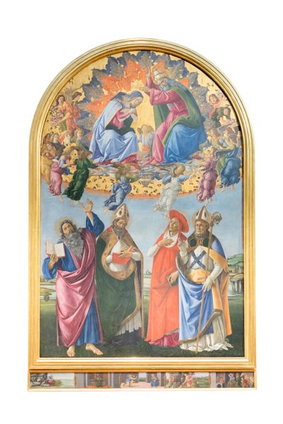 Krönung der Jungfrau mit Engeln und St. Johannes dem Evangelisten, St. Augustinus von Sandro Botticelli