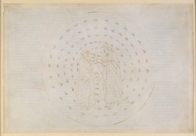 Die Göttliche Komödie, Paradiso VII. Zweite Planetensphäre (Himmel des Merkur): Beatrice führt Dante in diffizile Fragen der göttlichen Gerechtigkeit ein sowie der menschlichen Erbschuld und der Erlösung durch den Tod Christi von Sandro Botticelli