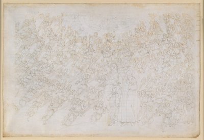 Die Göttliche Komödie, Paradiso XXVIII. Neunte Sphäre (Kristallhimmel oder Primum Mobile): Dante sieht Gott als grell leuchtenden Punkt, von Engelchören umkreist; Beatrice erläutert Hierarchie und Wirkkräfte der Sphäre von Sandro Botticelli