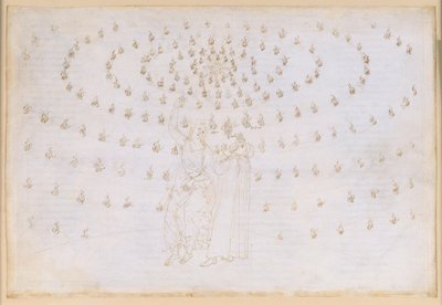 Die Göttliche Komödie, Paradiso XXV. Achte Sphäre (Fixsternhimmel): Jakobus prüft Dante in der zweiten theologischen Tugend, der Hoffnung; Erscheinung Johannes des Evangelisten und seine Rede über die Verfassung der Wesen im Paradies; Blendung Dantes von Sandro Botticelli