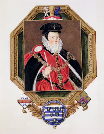 Porträt von William Cecil, 1. Baron Burghley, aus Memoirs of the Court of Queen Elizabeth, nach einem Bild von Marcus Gheeraerts dem Jüngeren, veröffentlicht 1825 von Sarah Countess of Essex