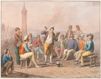 Aquarell; Rinaldo Rinaldini rezitiert auf dem Steg von Saverio della Gatta