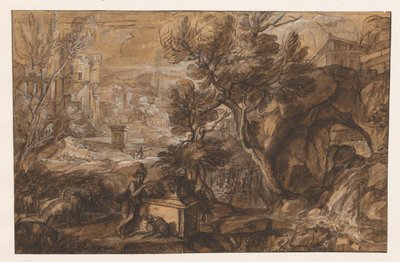 Landschaft mit Hirte bei antikem Sarkophag von Sébastien Bourdon (attributed to)