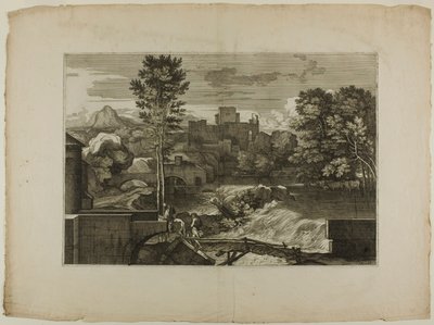 Wasserfall an einer Steinbrücke, mit Schloss in der Ferne von Sébastien Bourdon