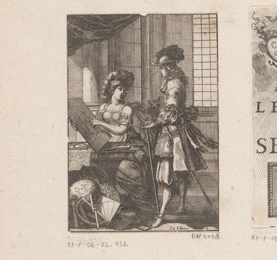 Geometrie und junger Mann mit geometrischer Zeichnung (Titelblatt für: Pratique de la géometrie, sur le papier et sur le terrain, 1669) von Sébastien Leclerc (I)