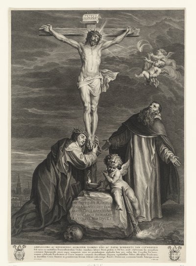 Christus am Kreuz mit den Heiligen Katharina von Siena und Dominikus unter dem Kreuz von Schelte Adamsz. Bolswert