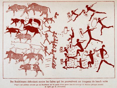Buschmänner verteidigen eine Rinderherde gegen die Koffer, nach einem Gemälde eines Buschmanns an den Wänden einer Höhle in der Nähe von Hermon (Südafrika) von School African