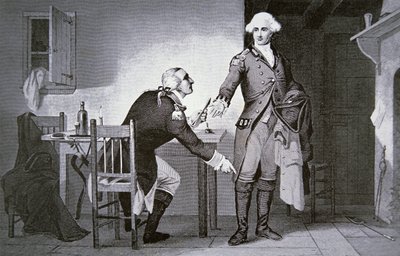 Amerikanischer Verräter: General Benedict Arnold weist Andre an, Papiere in seinem Stiefelschaft zu verstecken von School American