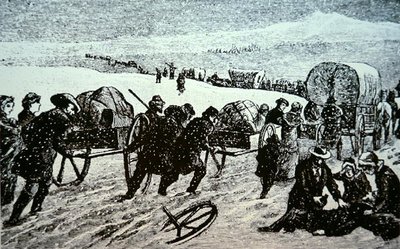Mormonischer Planwagenzug in einem Schneesturm auf dem Weg nach Salt Lake City, Utah von School American