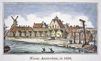 Neu-Amsterdam (später New York) auf der Insel Manhattan, aus einer Ansicht, die 1659 veröffentlicht wurde von School American