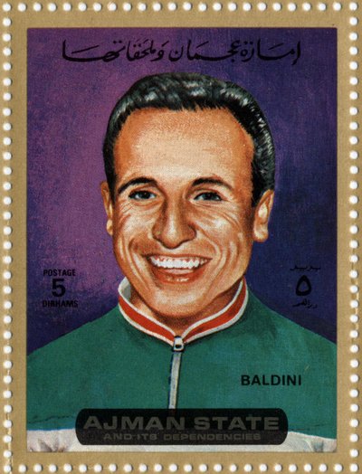 Briefmarke der VAE, die den Radfahrer Ercole Baldini darstellt (geb. 1933) von School Arabic