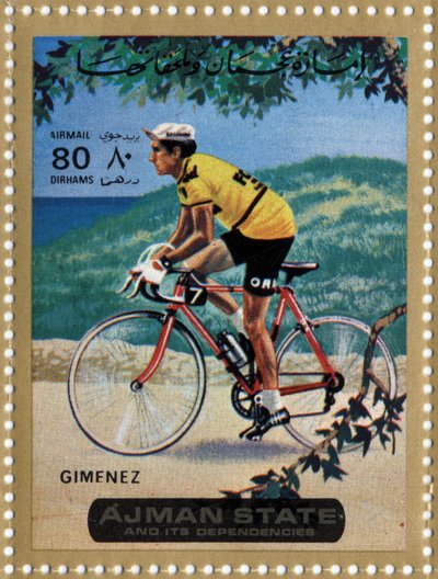 VAE-Briefmarke, die den Radfahrer Julio Jimenez (geb. 1934) darstellt von School Arabic