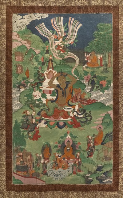 Haarschnitt und andere Szenen. Thangka aus einer Fortsetzung, die den Hauptereignissen im Leben des Buddha gewidmet ist. von School Asian