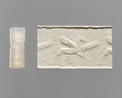 Zylindersiegel und moderner Abdruck: geflügeltes Pferd mit Klauen und Hörnern, ca. 14.–13. Jahrhundert v. Chr. (Chalcedon) von School Assyrian